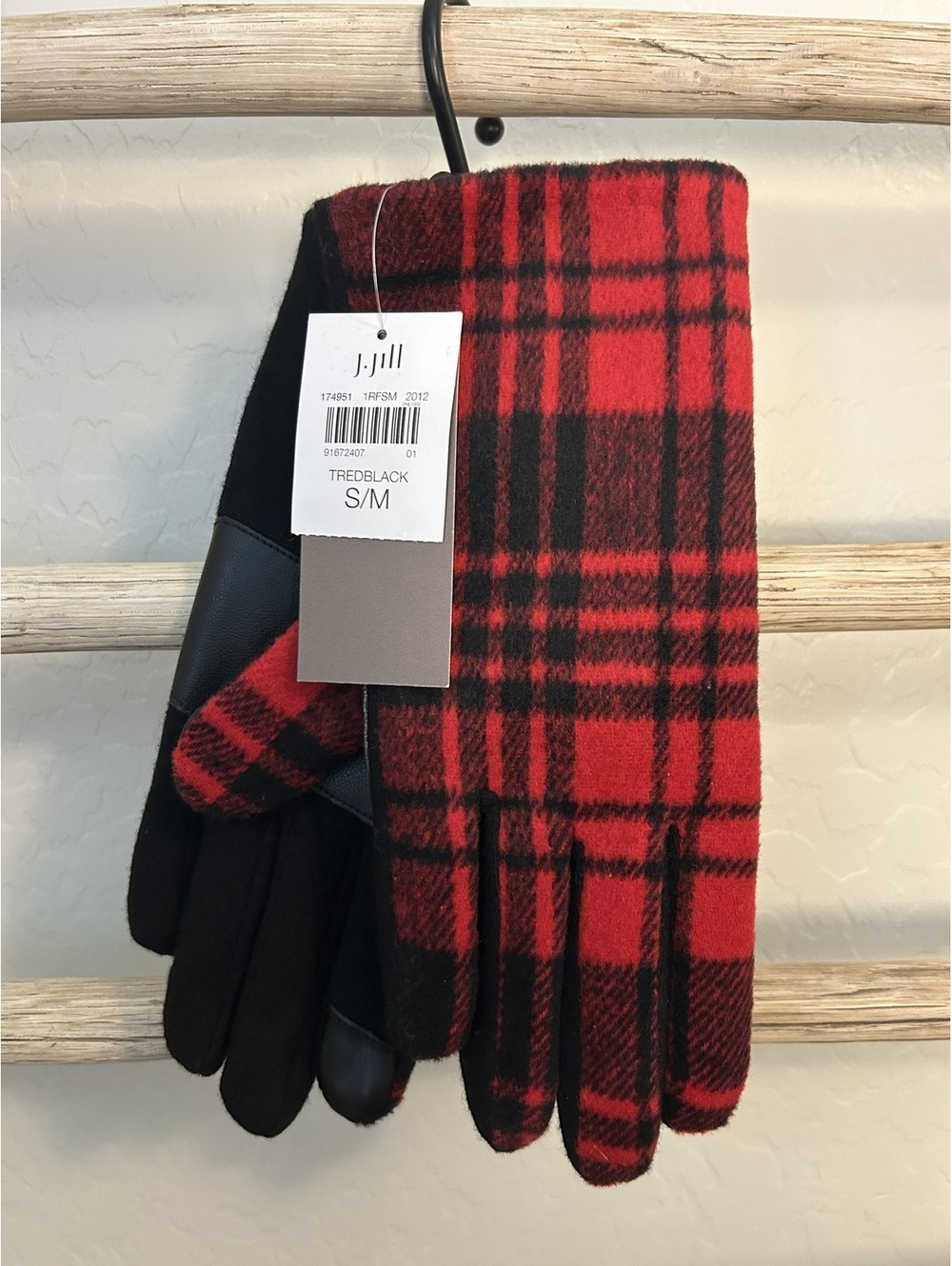 J Jill Smart Gloves Red and Black Plaid Fleece Gloves Size S/M
